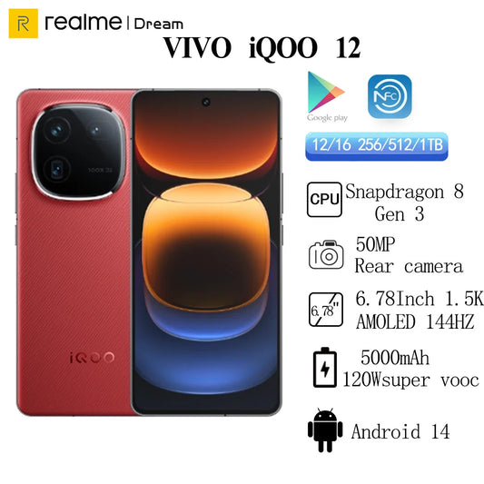 New ViVO iQOO 12 Snapdragon 8 Gen 3  5000mAh 120W SuperVOOC 50MP Rear Camera 6.78'' 1.5K AMOLED 144Hz Android 14 NFC OTA