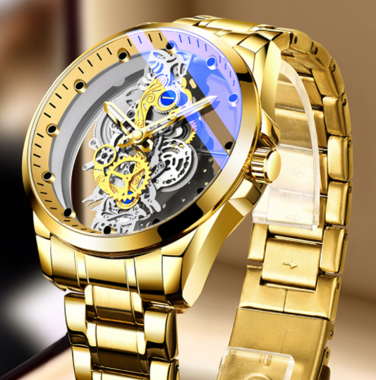 Vintage Gold Men Skeleton Automatic Quartz Watch